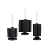 3 different sized black foam sponge filters with clear tubes on a white background